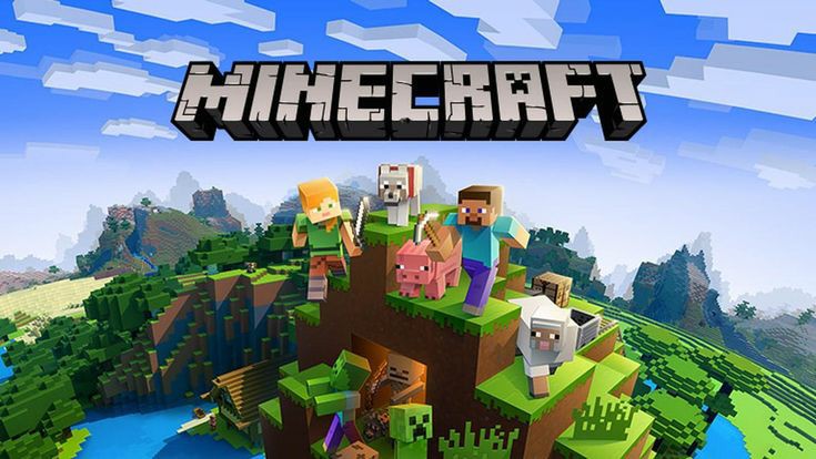 Mine craft Sheep ,pig ,dog and 2 players standing on the mountain below the mountain there is a beautiful view and a creeper and preety sky