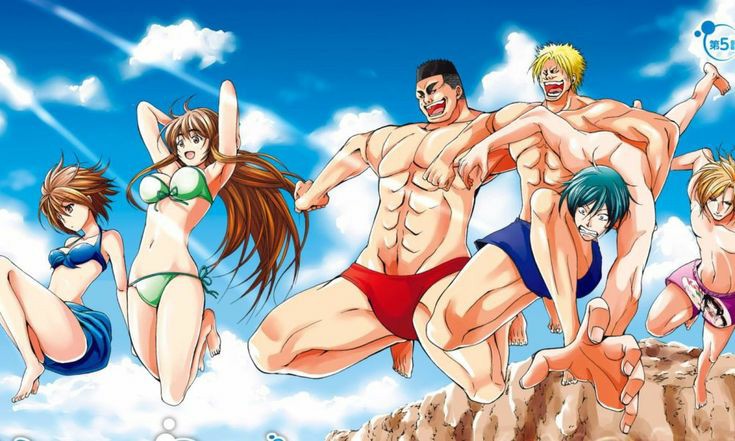 Grand Blue dreaming Kawai hot girls and muscular handsome boys diving from the mountain in ocean