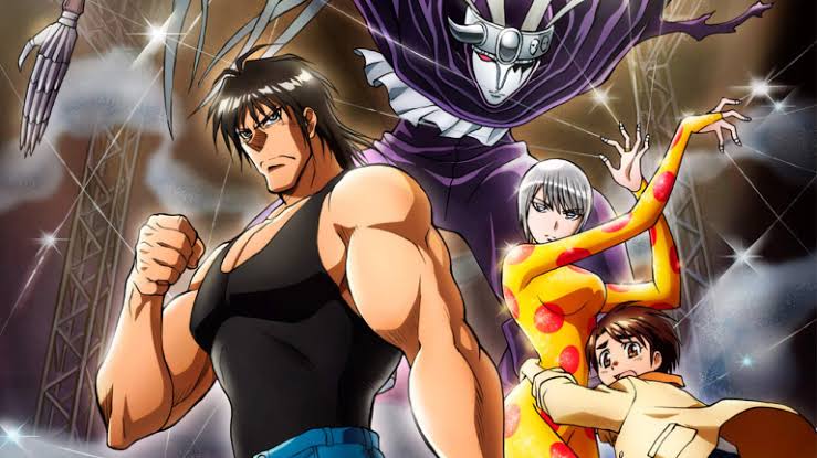 Karakuri circus Weird girl standing holding her a little boy and a cool looking guy in front ,